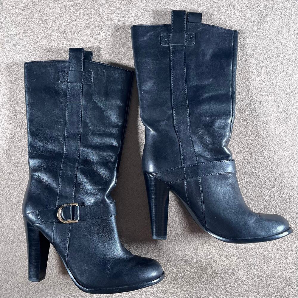 Y2K Women's Black Ralph Lauren Boot Heels w Gold Hardwear Buckle Size 8
